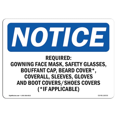 Signmission OSHA Sign, Required Gowning Face Mask Glasses, 18in X 12in Rigid Plastic, 18" W, 12" H, Landscape OS-NS-P-1218-L-18038